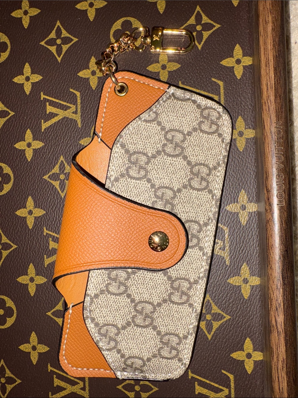 Beige Monogram Key and Glasses Holder with Gold Clip